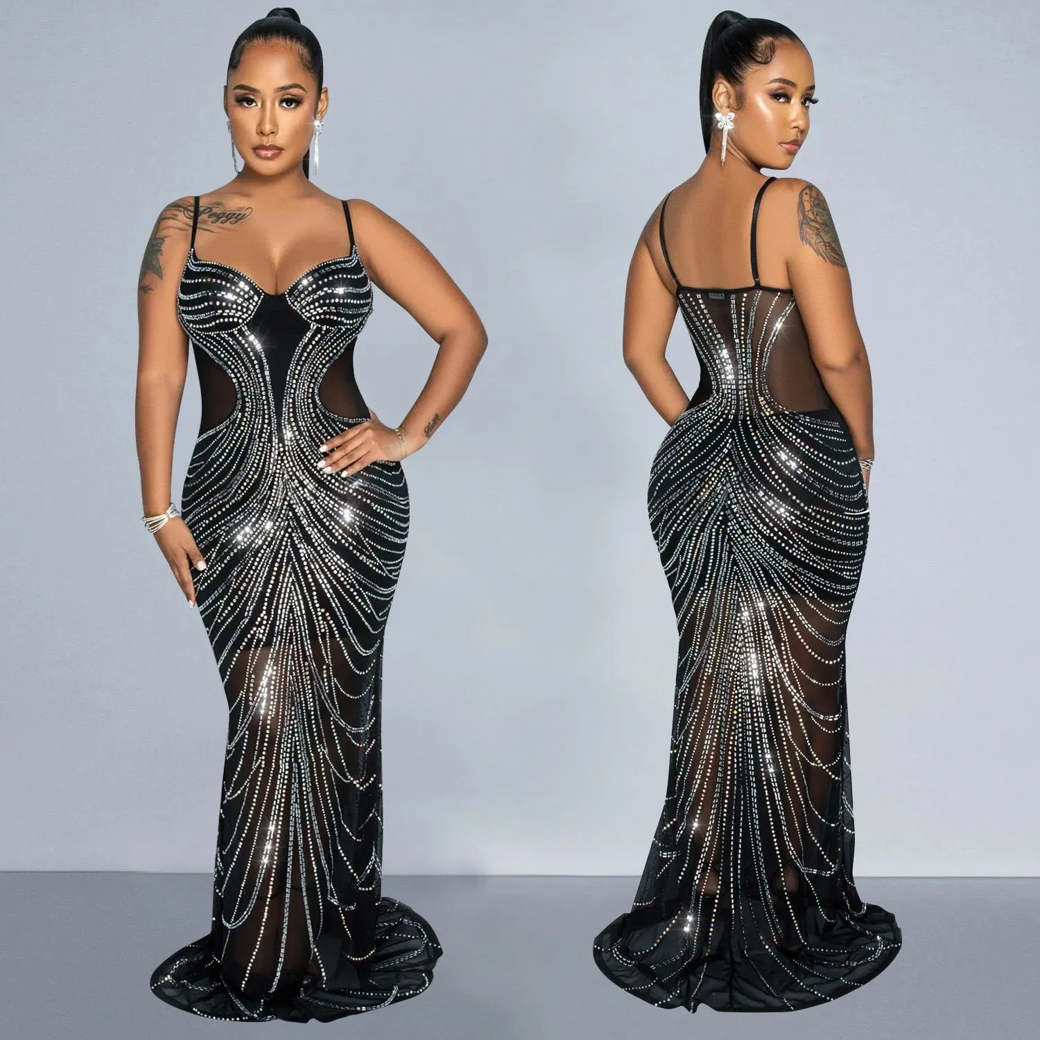 Daring Mesh See-Through Beaded Backless Suspender Bodycon Dress for Club Nights