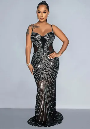 Daring Mesh See-Through Beaded Backless Suspender Bodycon Dress for Club Nights