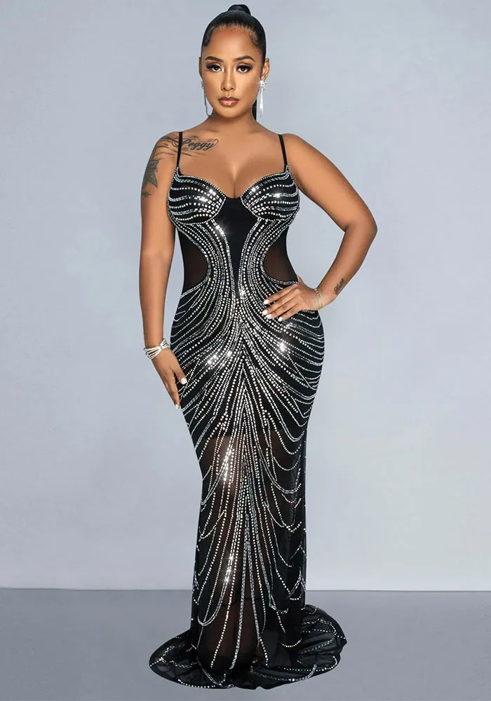 Daring Mesh See-Through Beaded Backless Suspender Bodycon Dress for Club Nights