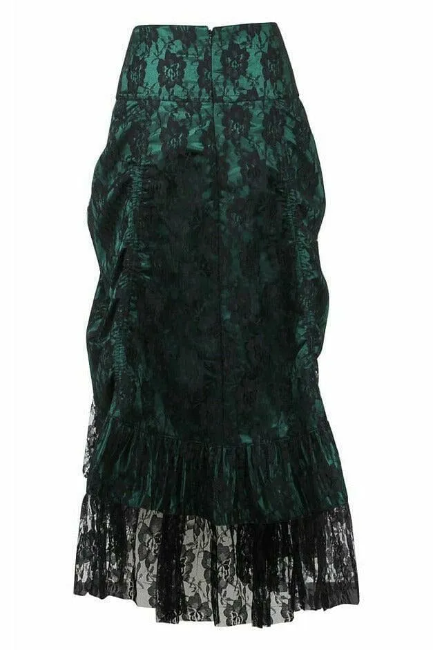 Dark Green w/Black Lace Overlay Ruched Bustle Skirt