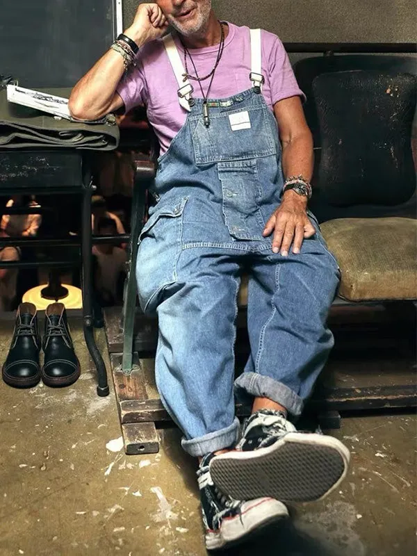 Distressed Denim Overall with Multiple Pockets