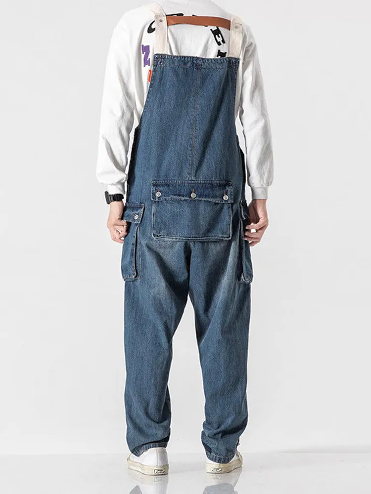 Distressed Denim Overall with Multiple Pockets