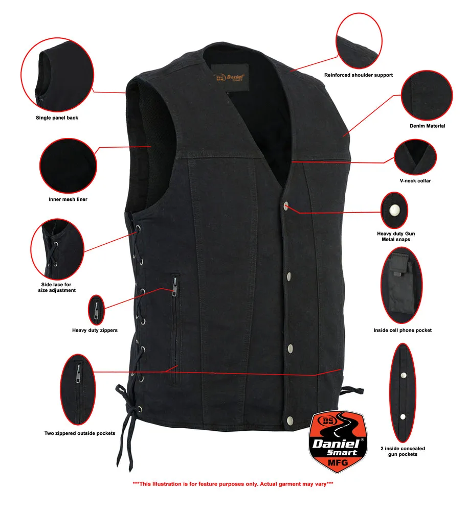 DM Men's Black Denim Motorcycle Vest – Single Panel Back
