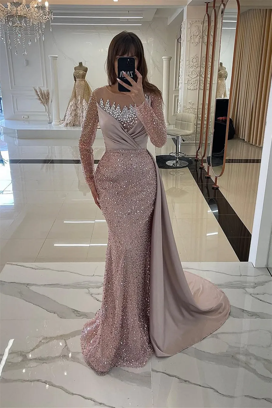 Dusty Rose Mermaid Sequin Long sleeves Silver Beaded Evening Dresses