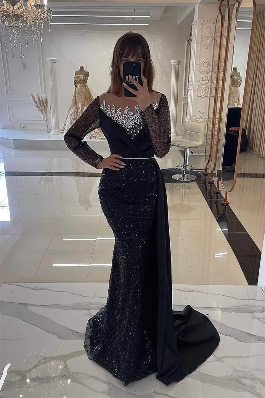 Dusty Rose Mermaid Sequin Long sleeves Silver Beaded Evening Dresses