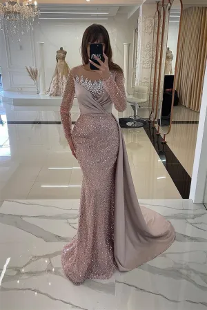 Dusty Rose Mermaid Sequin Long sleeves Silver Beaded Evening Dresses