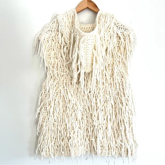 ECOTE Natural Cream Wool Blend Fringe Shaggy Knit Hoodie Zipper Vest Sz M NWT