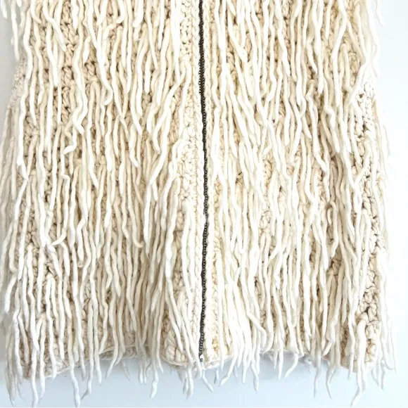 ECOTE Natural Cream Wool Blend Fringe Shaggy Knit Hoodie Zipper Vest Sz M NWT