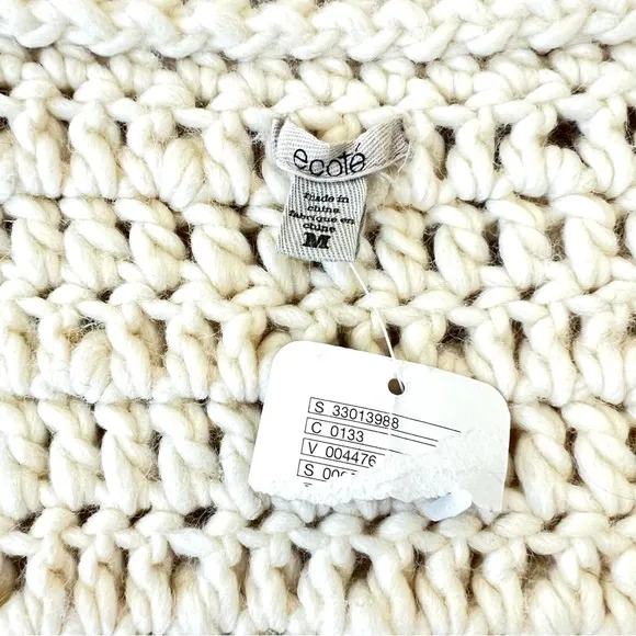 ECOTE Natural Cream Wool Blend Fringe Shaggy Knit Hoodie Zipper Vest Sz M NWT
