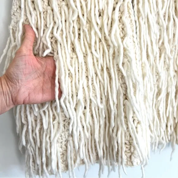 ECOTE Natural Cream Wool Blend Fringe Shaggy Knit Hoodie Zipper Vest Sz M NWT