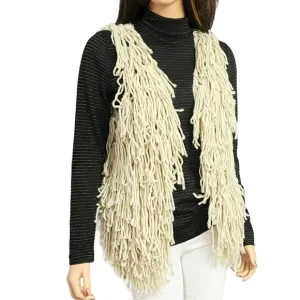 ECOTE Natural Cream Wool Blend Fringe Shaggy Knit Hoodie Zipper Vest Sz M NWT