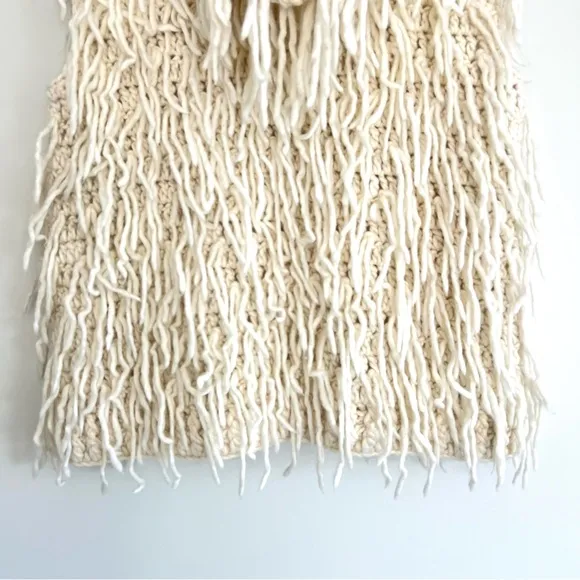 ECOTE Natural Cream Wool Blend Fringe Shaggy Knit Hoodie Zipper Vest Sz M NWT