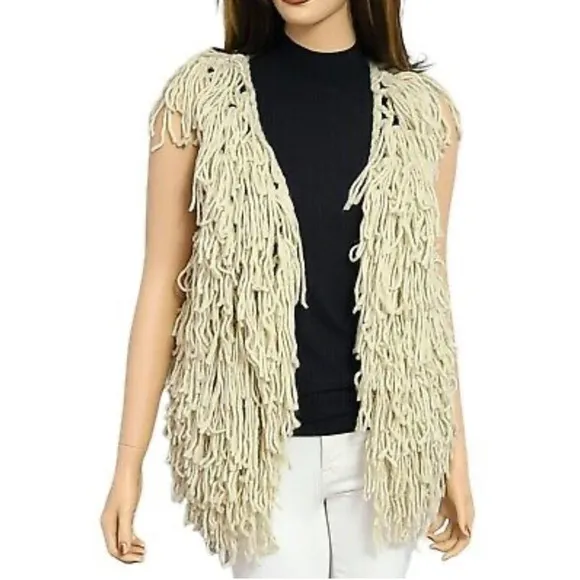 ECOTE Natural Cream Wool Blend Fringe Shaggy Knit Hoodie Zipper Vest Sz M NWT