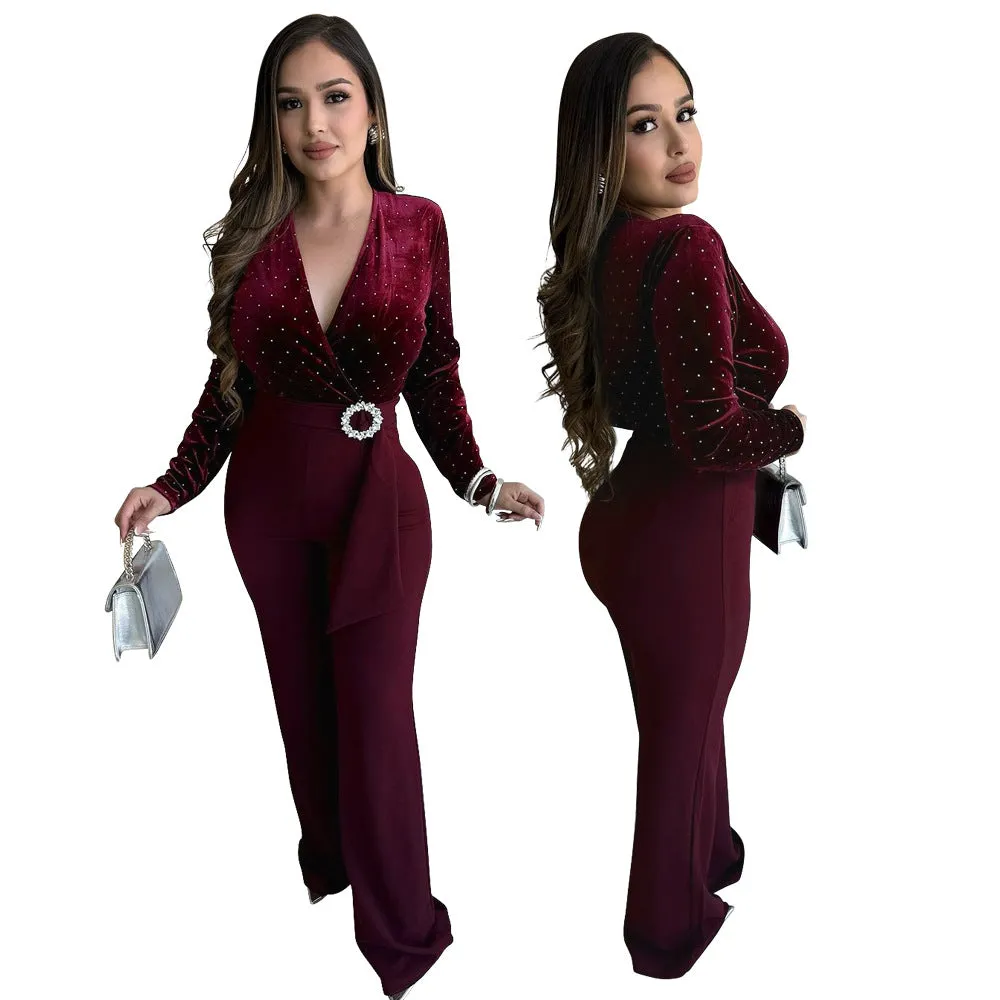 Elegant Beaded Velvet V-Neck Jumpsuit with Wide-Leg Design