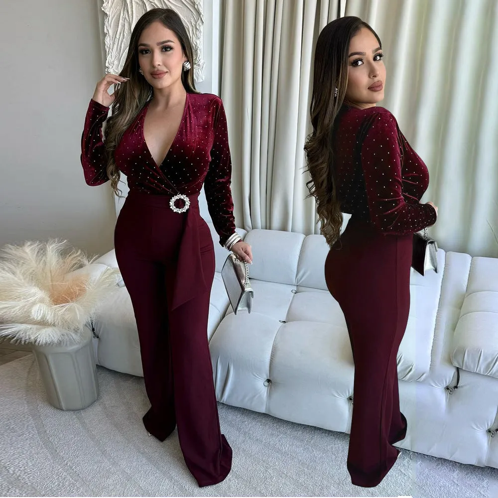 Elegant Beaded Velvet V-Neck Jumpsuit with Wide-Leg Design