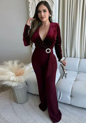 Elegant Beaded Velvet V-Neck Jumpsuit with Wide-Leg Design