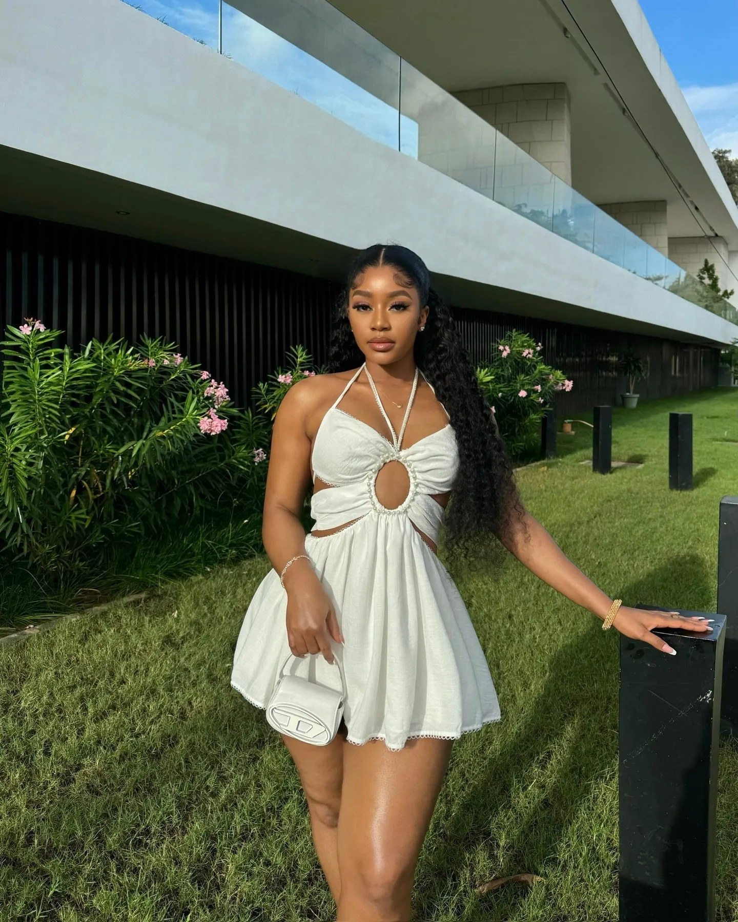 Elegant Halter Neck Tie Beaded High-Waist Short Dress for Autumn Chic