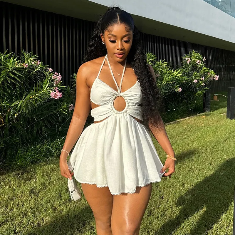 Elegant Halter Neck Tie Beaded High-Waist Short Dress for Autumn Chic