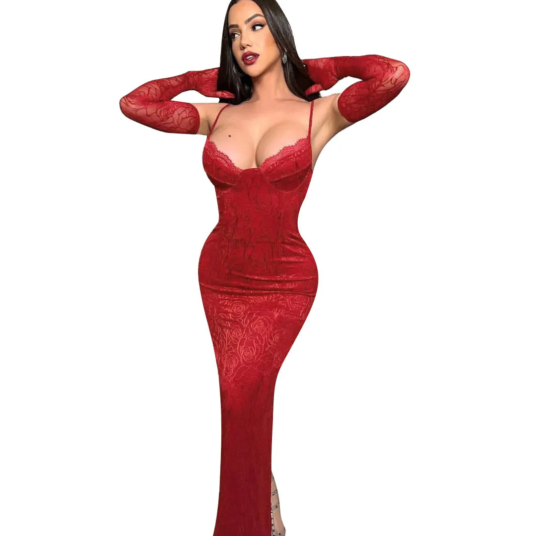 Elegant Lace Spaghetti Strap Bodycon Maxi Dress