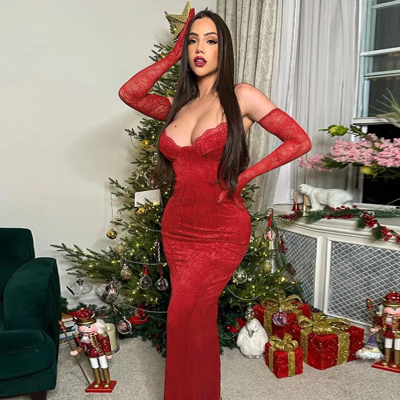 Elegant Lace Spaghetti Strap Bodycon Maxi Dress