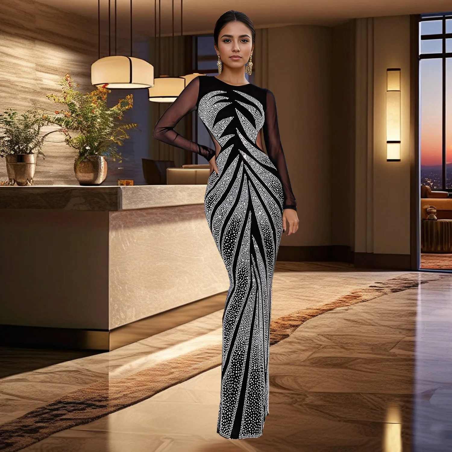 Elegant Long Sleeve Beaded Bodycon Evening Gown with Sheer Mesh Detailing