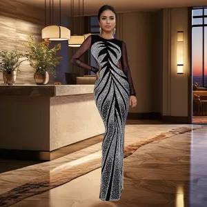 Elegant Long Sleeve Beaded Bodycon Evening Gown with Sheer Mesh Detailing