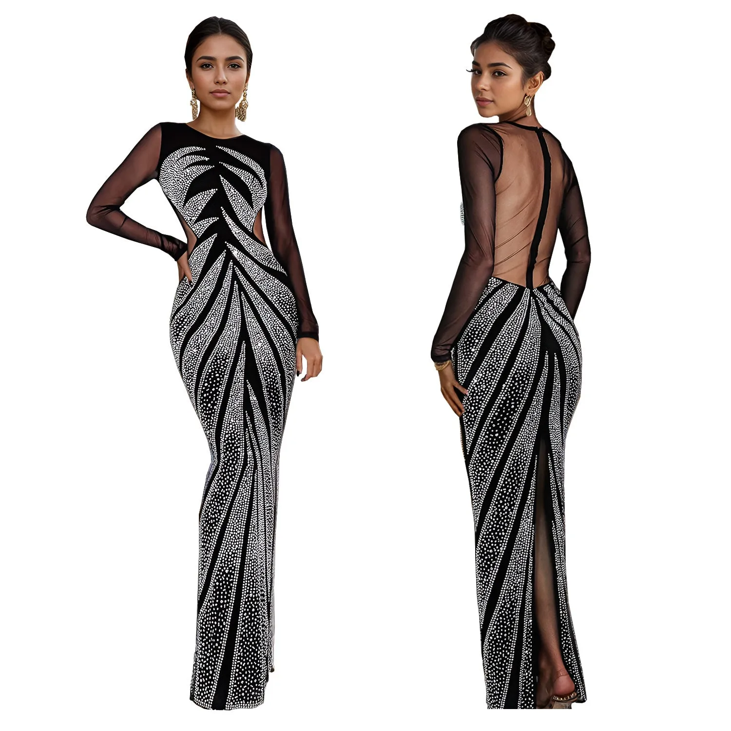 Elegant Long Sleeve Beaded Bodycon Evening Gown with Sheer Mesh Detailing