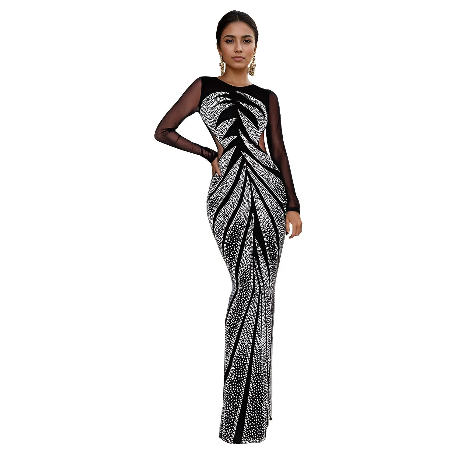 Elegant Long Sleeve Beaded Bodycon Evening Gown with Sheer Mesh Detailing