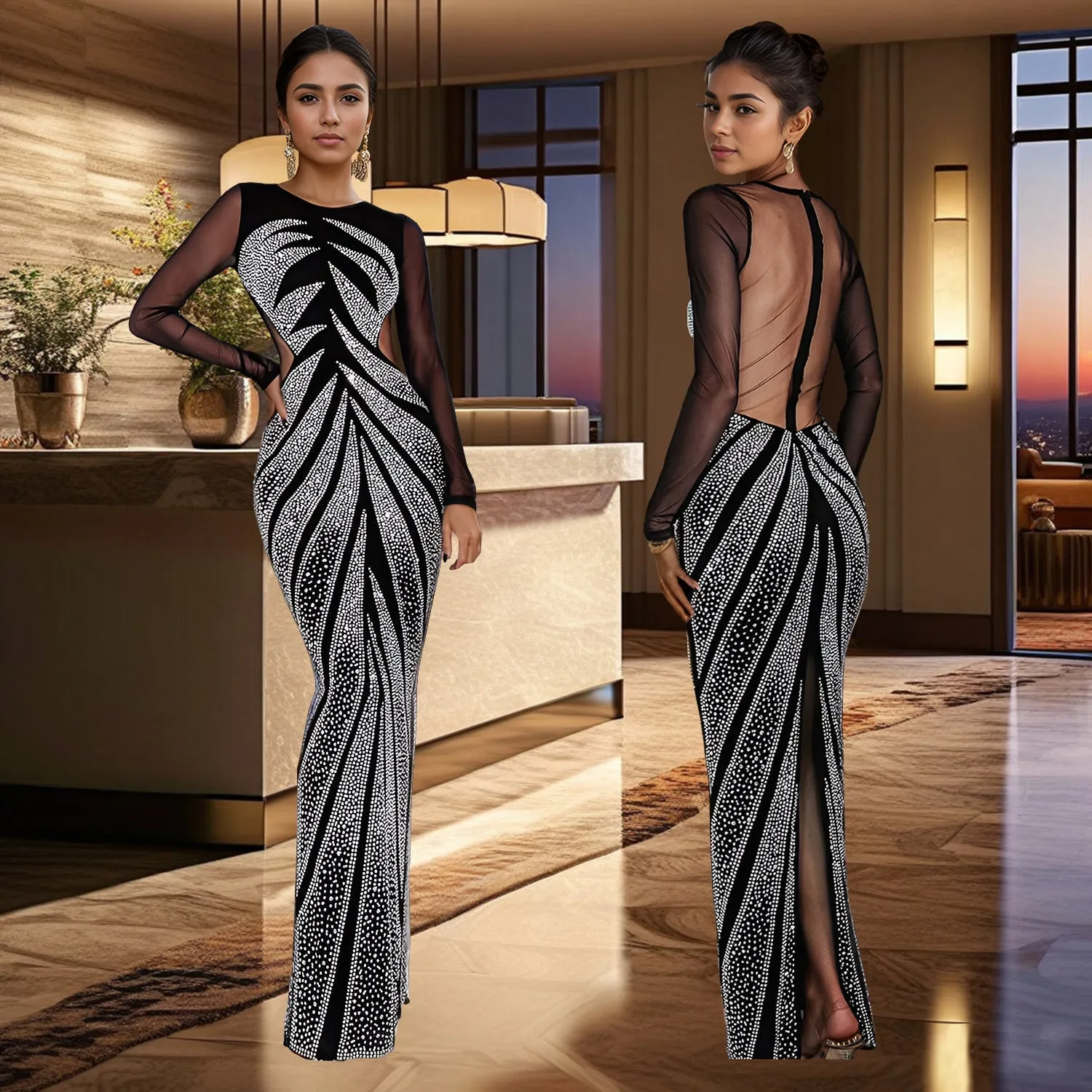 Elegant Long Sleeve Beaded Bodycon Evening Gown with Sheer Mesh Detailing