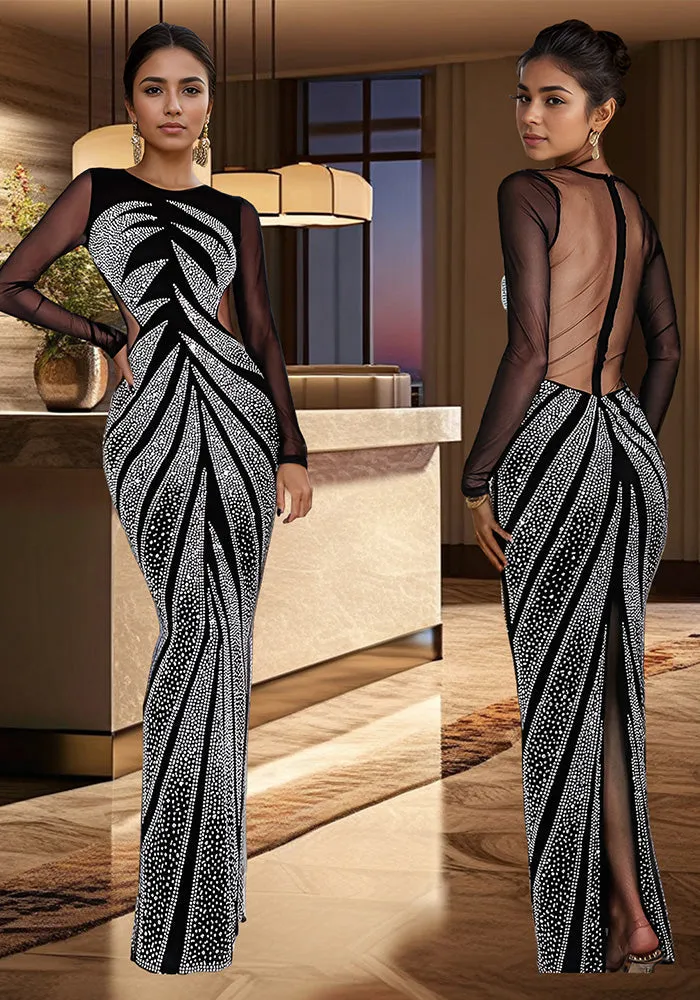Elegant Long Sleeve Beaded Bodycon Evening Gown with Sheer Mesh Detailing