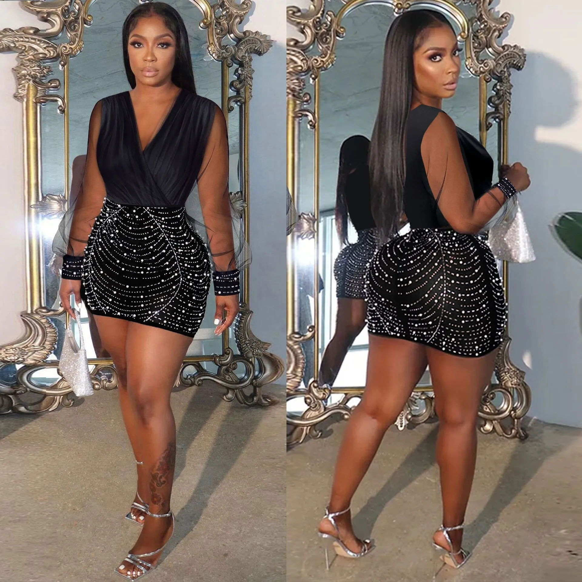 Elegant Mesh-Sleeve Beaded Bodycon Dress with Draped V-Neck