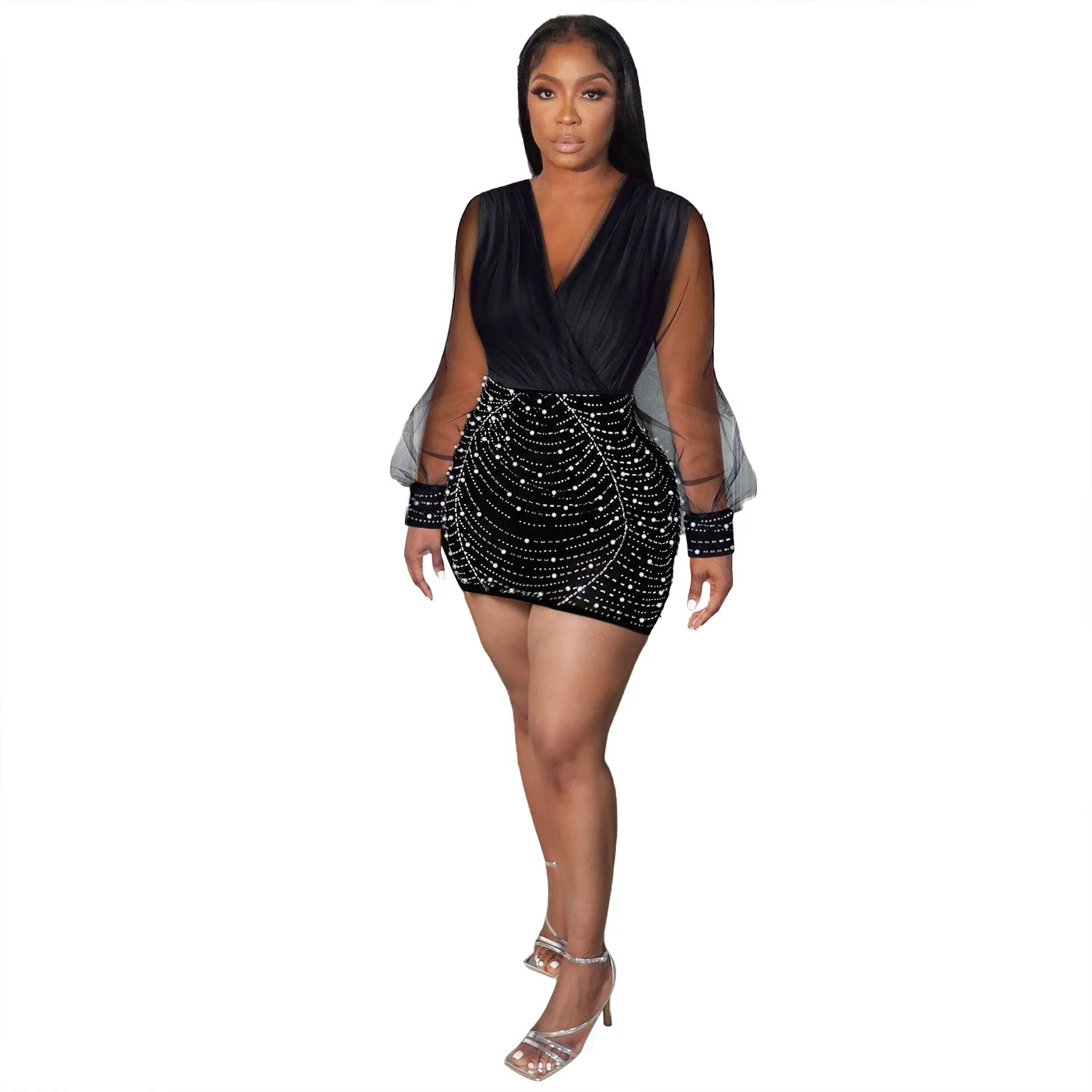 Elegant Mesh-Sleeve Beaded Bodycon Dress with Draped V-Neck