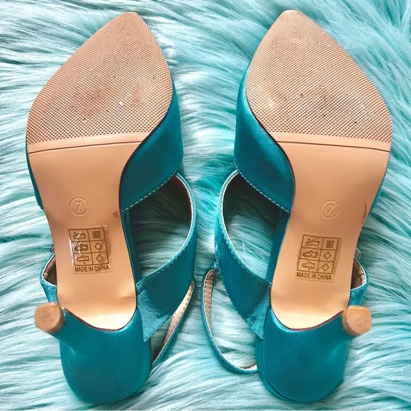 ERIJUNOR Teal SATIN Slingback Crystal Embellished Heels Women's 7