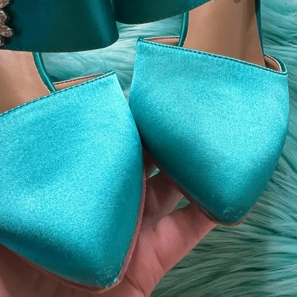 ERIJUNOR Teal SATIN Slingback Crystal Embellished Heels Women's 7