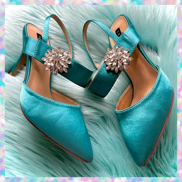 ERIJUNOR Teal SATIN Slingback Crystal Embellished Heels Women's 7