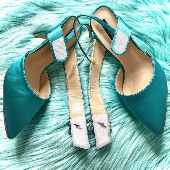 ERIJUNOR Teal SATIN Slingback Crystal Embellished Heels Women's 7