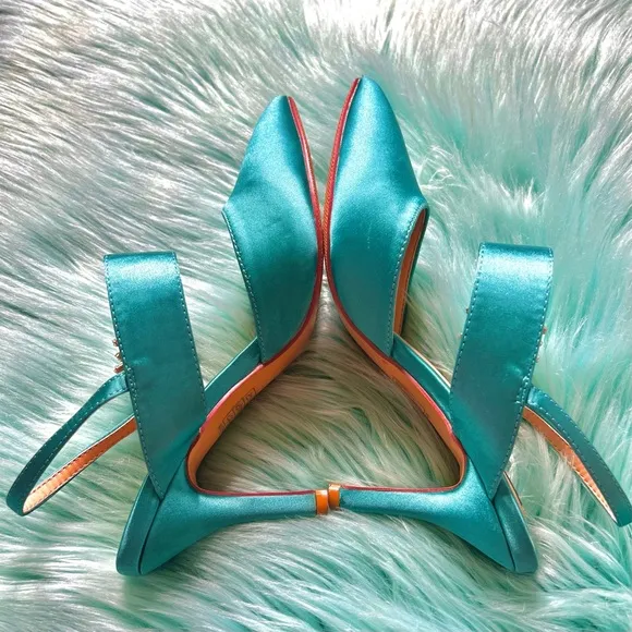 ERIJUNOR Teal SATIN Slingback Crystal Embellished Heels Women's 7