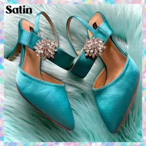 ERIJUNOR Teal SATIN Slingback Crystal Embellished Heels Women's 7