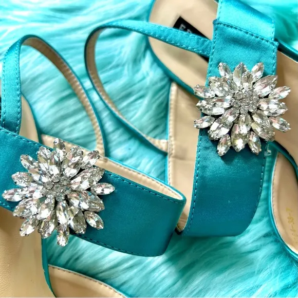 ERIJUNOR Teal SATIN Slingback Crystal Embellished Heels Women's 7