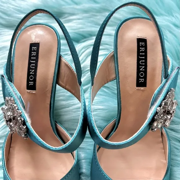 ERIJUNOR Teal SATIN Slingback Crystal Embellished Heels Women's 7
