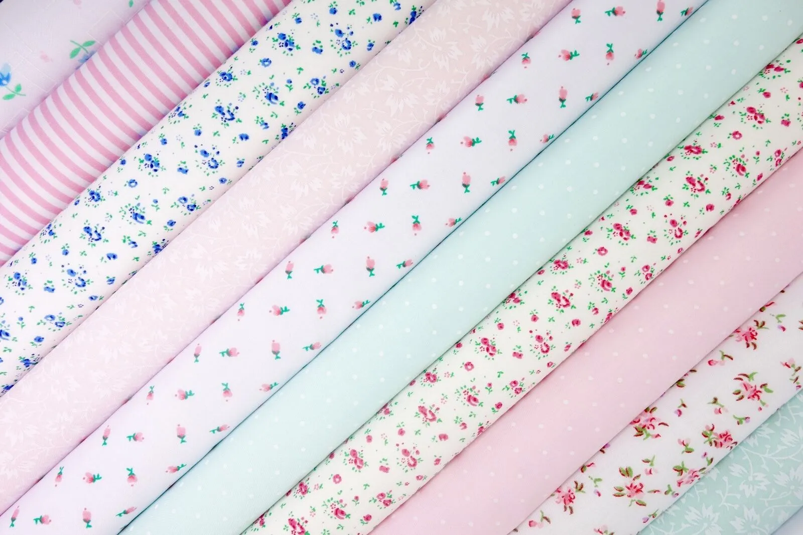 Fabric Bundles Fat Quarters Polycotton Material Flowers Stripes Spots Craft - PINK TURQUOISE