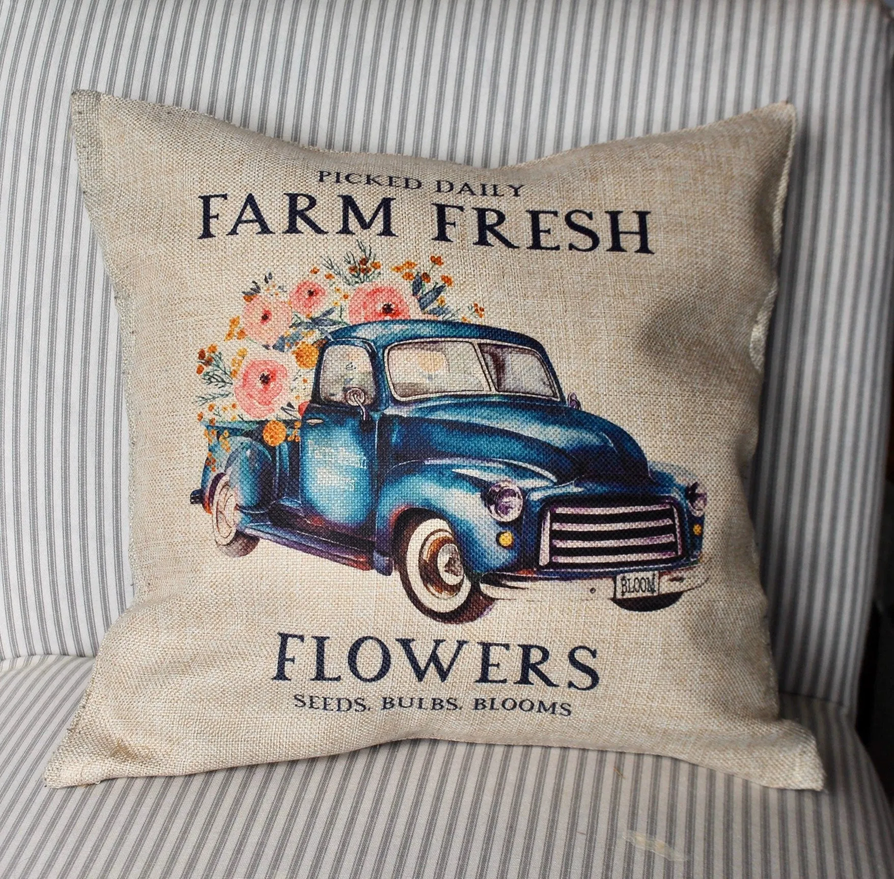 Farm Fresh Flowers Pillow, farmhouse Decor, Porch Pillows, Pillow Covers,  Spring Decor, Summer Decor, Farm Fresh Flowers Truck Pillow