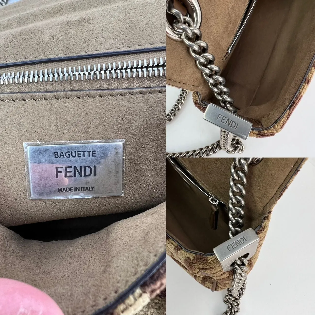 Fendi Chenille Vitello Seta FF midi Chain Baguette Sand Shoulder Bag