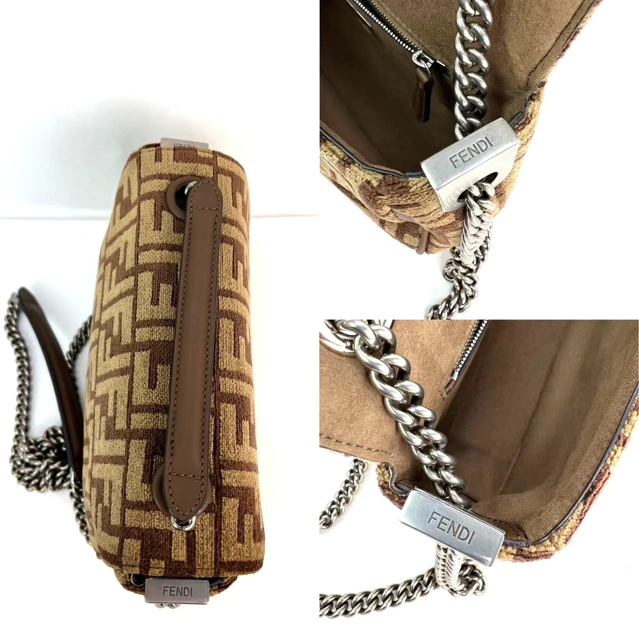 Fendi Chenille Vitello Seta FF midi Chain Baguette Sand Shoulder Bag