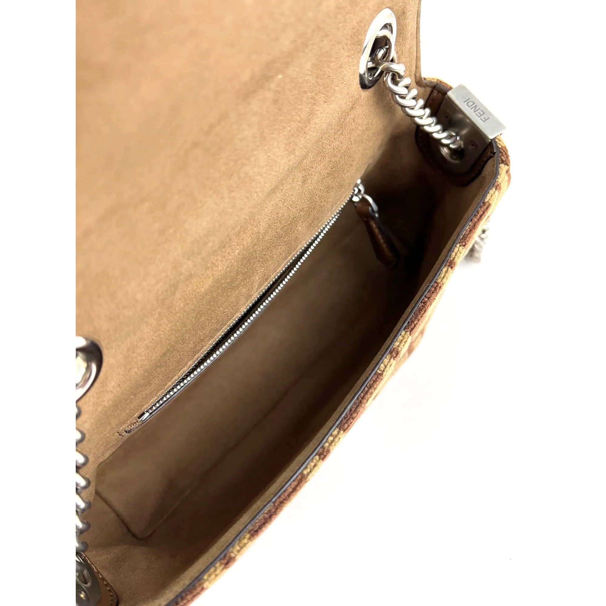 Fendi Chenille Vitello Seta FF midi Chain Baguette Sand Shoulder Bag