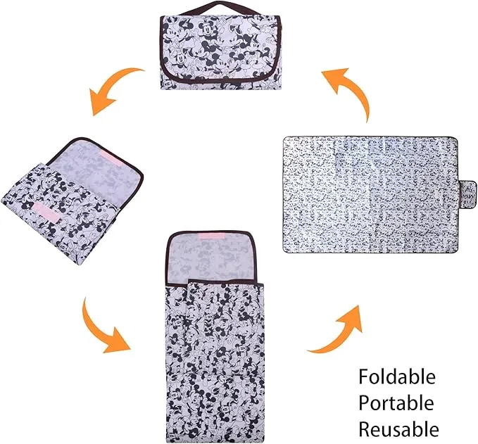 FINEX Mickey Mouse and Minnie Mouse Picnic Blanket Mat for Camping Hiking Outdoor Concert Travel Large Foldable Portable Reusable Black & White