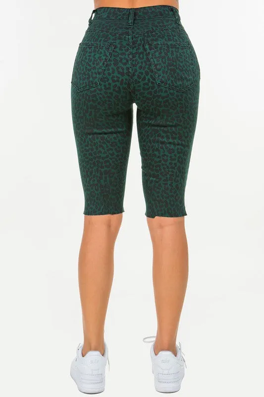 GJG Denim Leopard Print  Bermuda Short in Pine Green