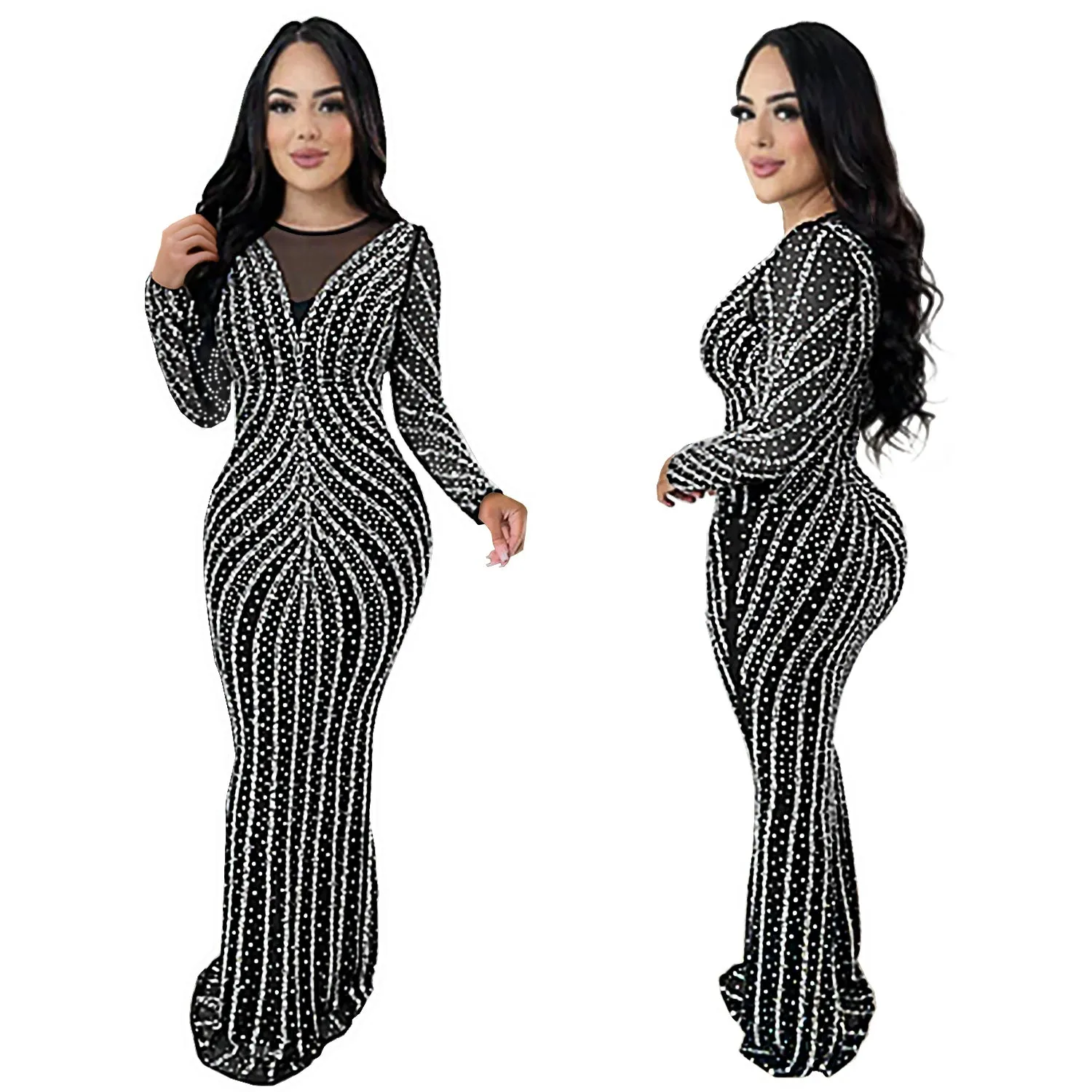 Glamorous Beaded Mesh Long Sleeve Evening Gown with Curve-Enhancing Design
