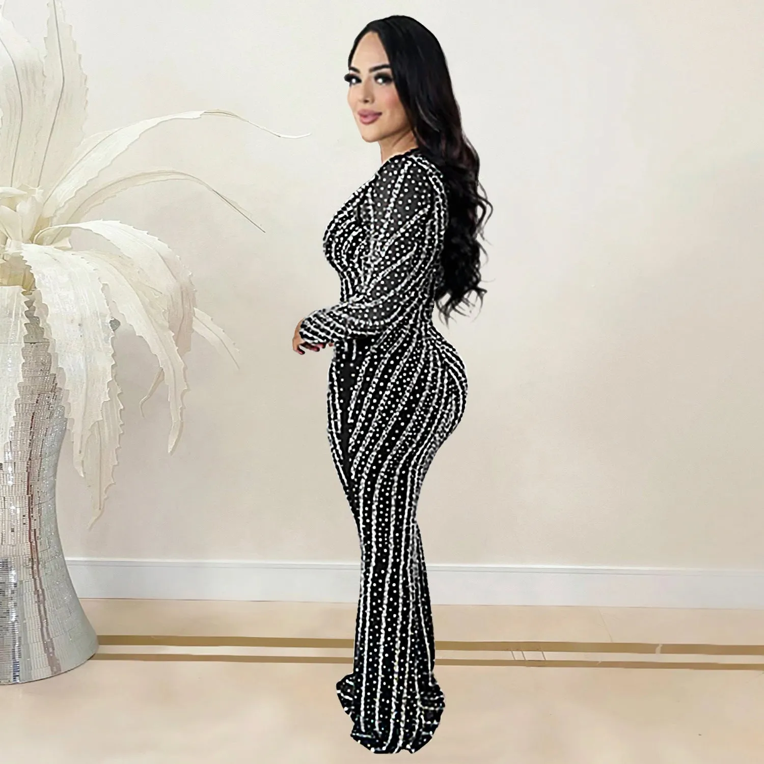 Glamorous Beaded Mesh Long Sleeve Evening Gown with Curve-Enhancing Design