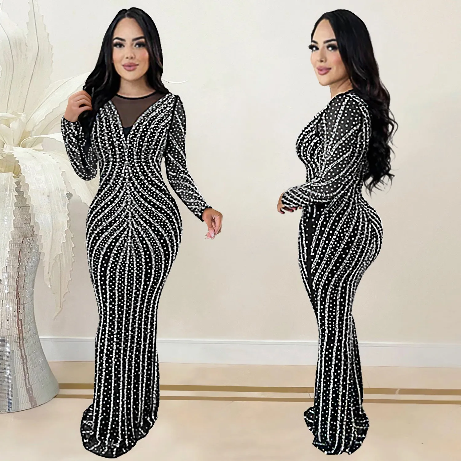 Glamorous Beaded Mesh Long Sleeve Evening Gown with Curve-Enhancing Design